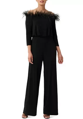 Feather Trimmed Neckline Jersey Jumpsuit