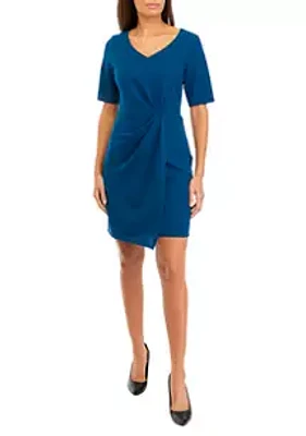 AGB Women's Short Sleeve Side Ruched Solid Scuba Crepe Sheath Dress