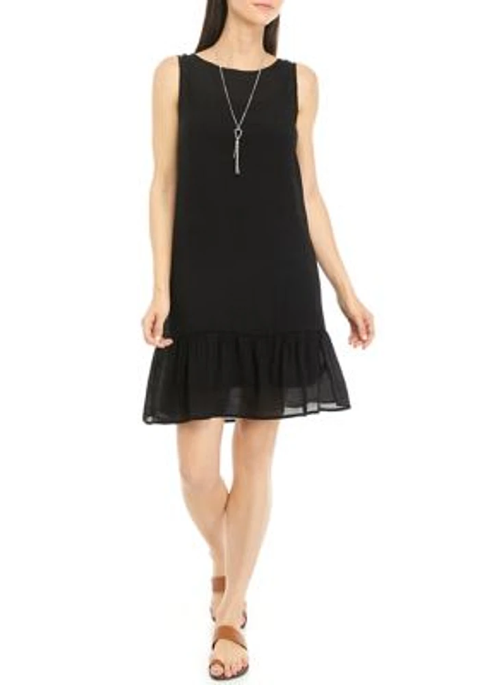 Women's Sleeveless Gauze Flounce Hem Dress with Necklace