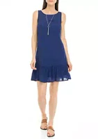 AGB Women's Sleeveless Gauze Flounce Hem Dress with Necklace