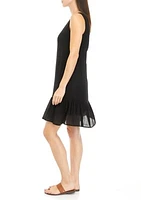 Women's Sleeveless Gauze Flounce Hem Dress with Necklace