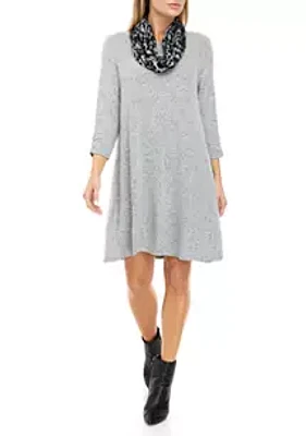 AGB Women's 3/4 Sleeve Cozy A-Line Dress with Removable Scarf
