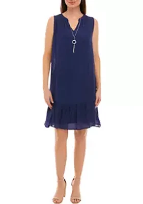 AGB Women's Sleeveless Split Neck Ruffle Hem Solid Gauze A-Line Dress