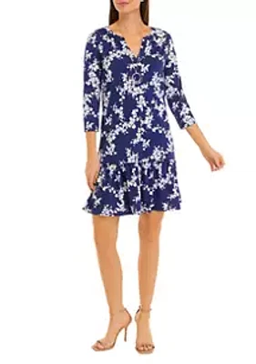 AGB Women's 3/4 Sleeve Split Neck Floral Print Ruffle Hem Dress