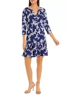 AGB Women's 3/4 Sleeve Split Neck Floral Print Ruffle Hem Dress