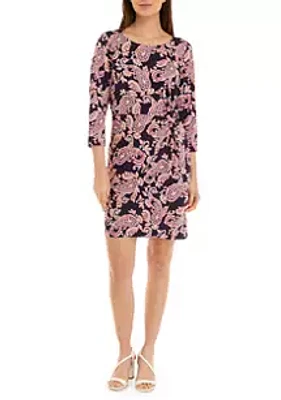 AGB Women's 3/4 Sleeve Side Knot Paisley Print Sheath Dress