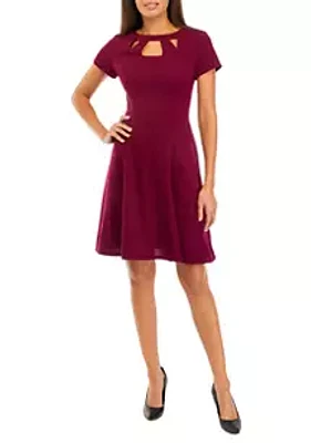 AGB Women's Short Sleeve Scuba Crepe Cut Out Fit and Flare Dress