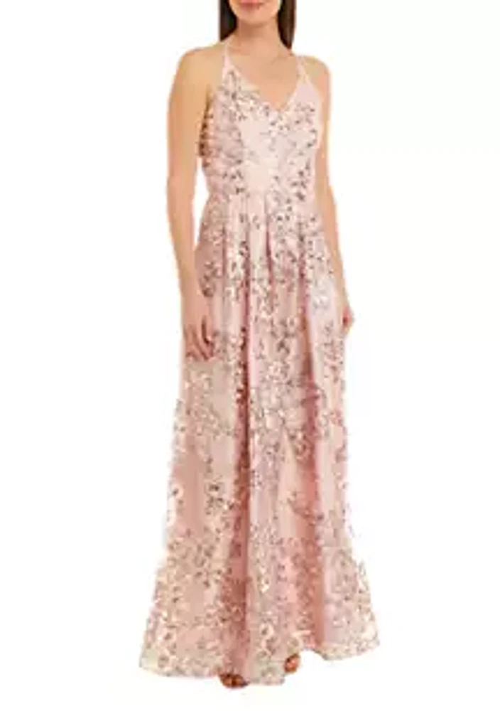 A. Byer Women's V-Neck Allover Embroidered Ballgown