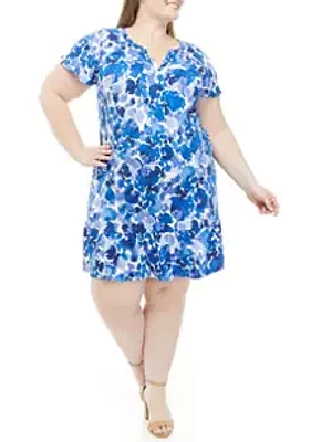 AGB Plus Size Printed Short Sleeve Notch Neck Dress