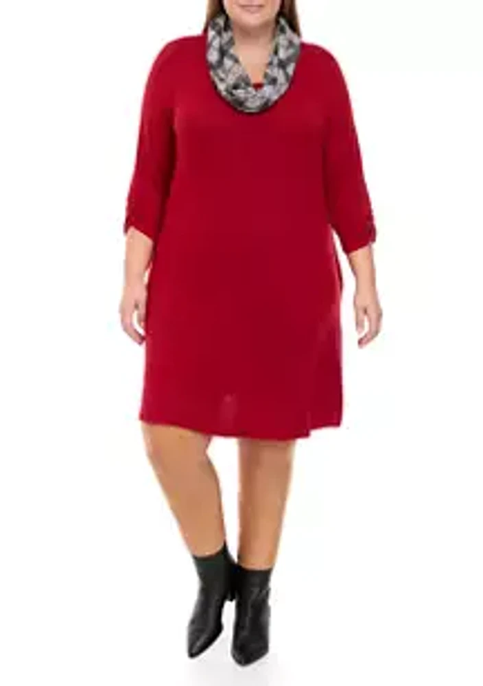 AGB Plus Long Sleeve Removable Scarf Cozy A-Line Dress