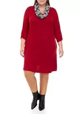 AGB Plus Long Sleeve Removable Scarf Cozy A-Line Dress