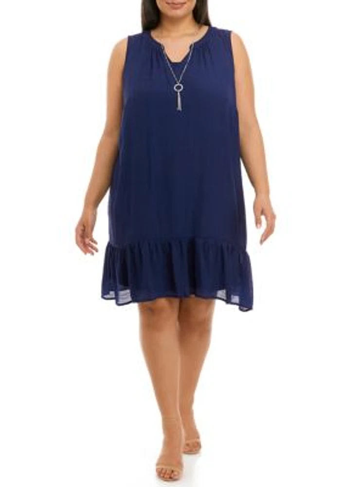 Plus Sleeveless Notch Dress with Necklace