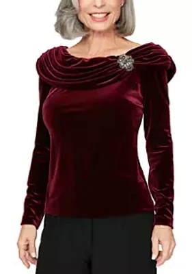 Alex Evenings Women's Velvet Blouse with Ruched Collar