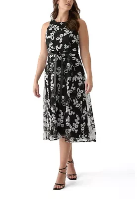 Women's Sleeveless Printed Appliqué Fit and Flare Dress