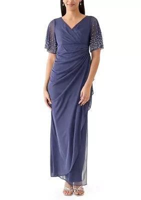 Women's Short Sleeve V-Neck Solid Ruch Chiffon Gown