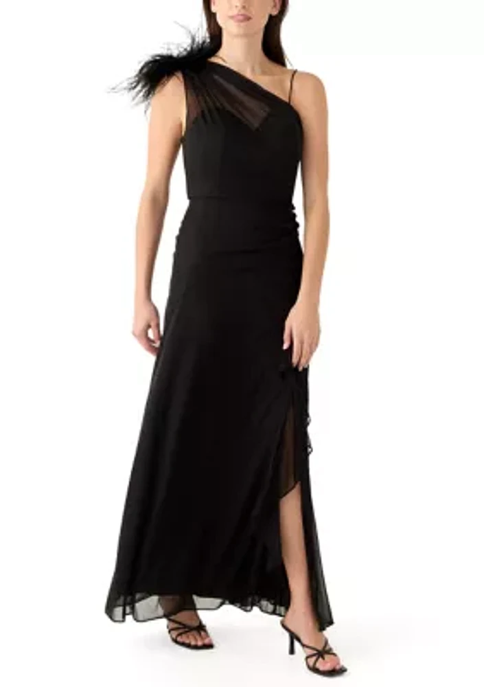 Women's One Shoulder Feather Solid Chiffon Gown