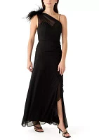 Women's One Shoulder Feather Solid Chiffon Gown