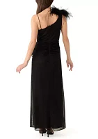 Women's One Shoulder Feather Solid Chiffon Gown