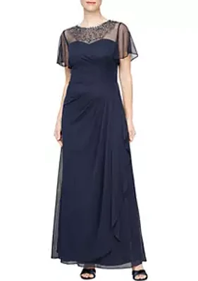 Alex Evenings Women's Long Dress with Short Cold Shoulder Sleeves
