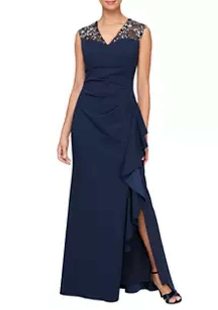 Alex Evenings Long V-Neck Dress with Embroidered Illusion Neckline