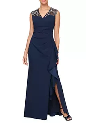Alex Evenings Long V-Neck Dress with Embroidered Illusion Neckline