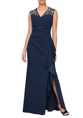 Long V-Neck Dress with Embroidered Illusion Neckline