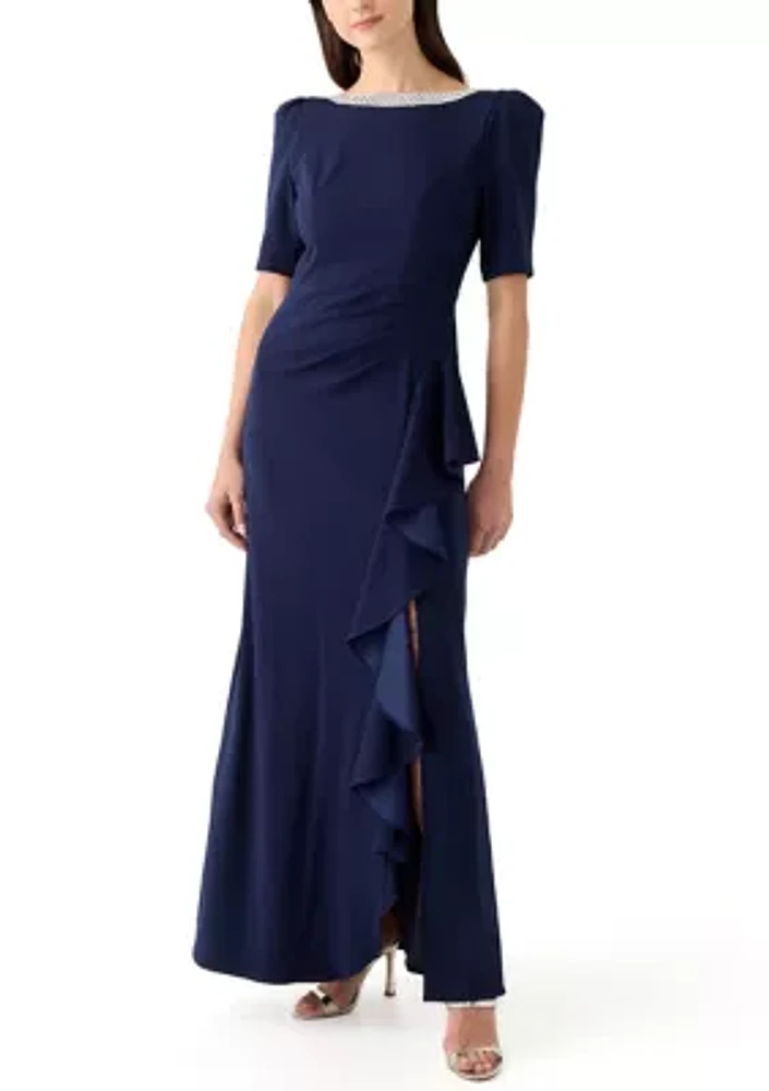 Women's Short Sleeve Boat Neck Solid Side Ruffle Gown