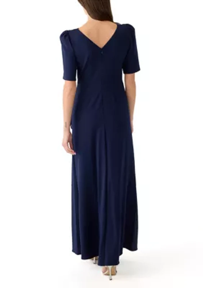 Women's Short Sleeve Boat Neck Solid Side Ruffle Gown