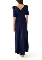 Women's Short Sleeve Boat Neck Solid Side Ruffle Gown