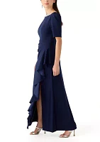 Women's Short Sleeve Boat Neck Solid Side Ruffle Gown