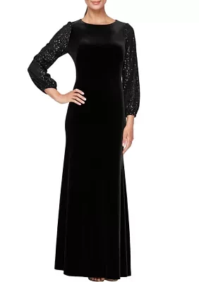 Women's Long Dress with Sequin Bubble Hem Sleeves