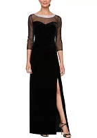 Women's Long Velvet Embellished Neckline Dress