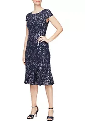 Alex Evenings Women's Sequin Fit and Flare Dress with Illusion Neckline