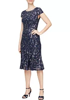 Women's Sequin Fit and Flare Dress with Illusion Neckline