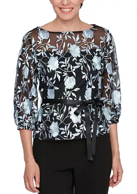 Women's 3/4 Sleeve Embroidered Blouse with Illusion Neckline