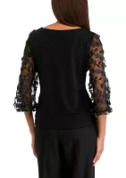 Women's 3/4 Mesh Sleeve Crew Neck Solid Chiffon Top