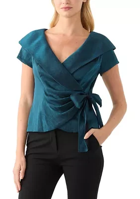 Women's Short Sleeve Ruffle V-Neck Solid Taffeta Wrap Top