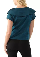 Women's Short Sleeve Ruffle V-Neck Solid Taffeta Wrap Top