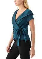 Women's Short Sleeve Ruffle V-Neck Solid Taffeta Wrap Top