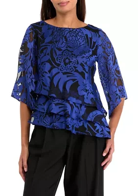 Women's 3/4 Sleeve Boat Neck Floral Print Chiffon Top