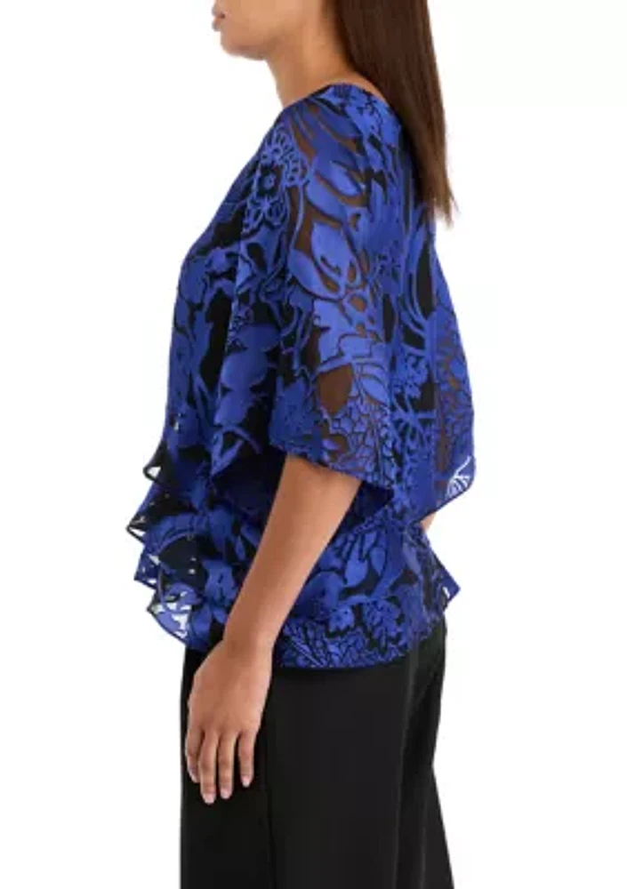 Women's 3/4 Sleeve Boat Neck Floral Print Chiffon Top