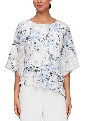 Women's 3/4 Sleeve Printed Blouse with Asymmetric Triple Tier Hem