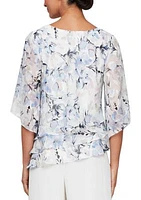 Women's 3/4 Sleeve Printed Blouse with Asymmetric Triple Tier Hem