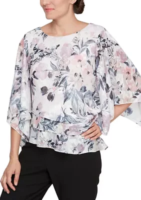 Women's 3/4 Sleeve Printed Blouse with Asymmetric Hem