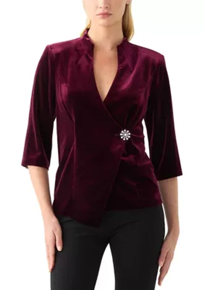 Women's 3/4 Sleeve V-Neck Solid Velvet Wrap Top