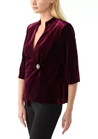 Women's 3/4 Sleeve V-Neck Solid Velvet Wrap Top