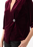 Women's 3/4 Sleeve V-Neck Solid Velvet Wrap Top