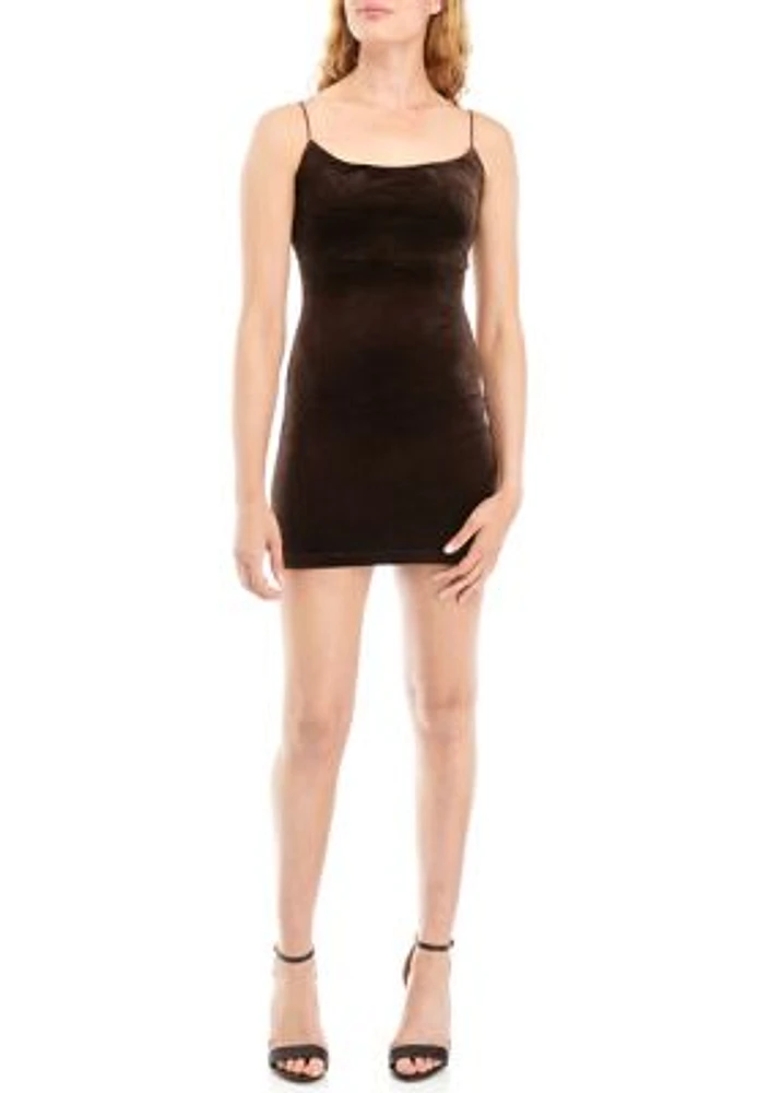 Women's Bungee Strap Velvet Scoop Neck Bodycon Dress