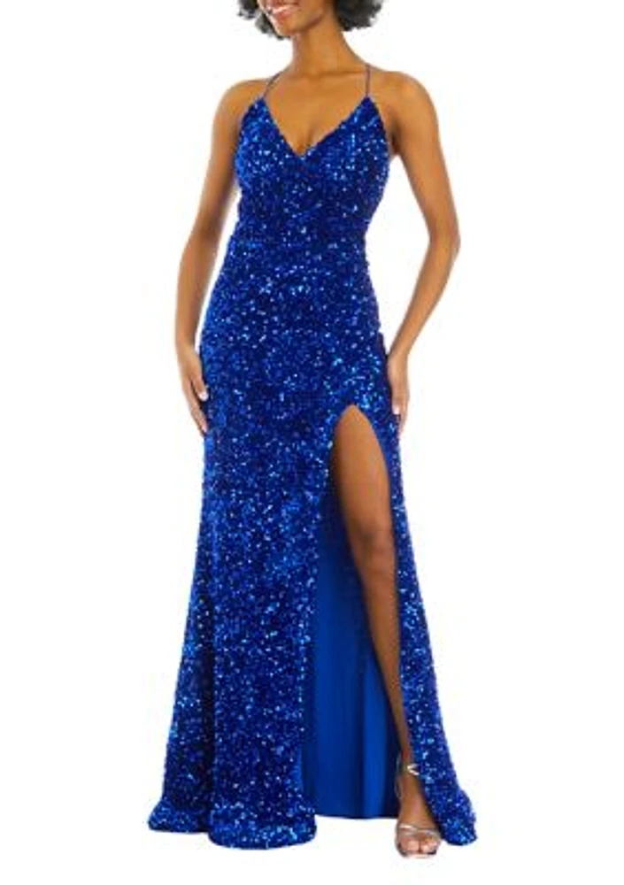 Women's V-Neck Velvet Sequin Slim Gown