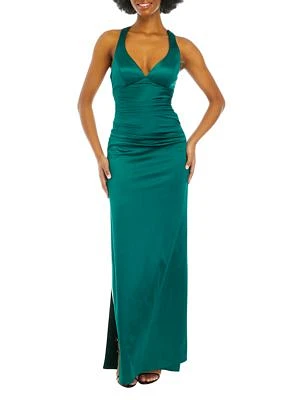 Women's V-Neck Satin Ruched Gown